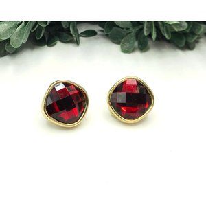 Vintage clip on earrings gold tone red gems by HMN
